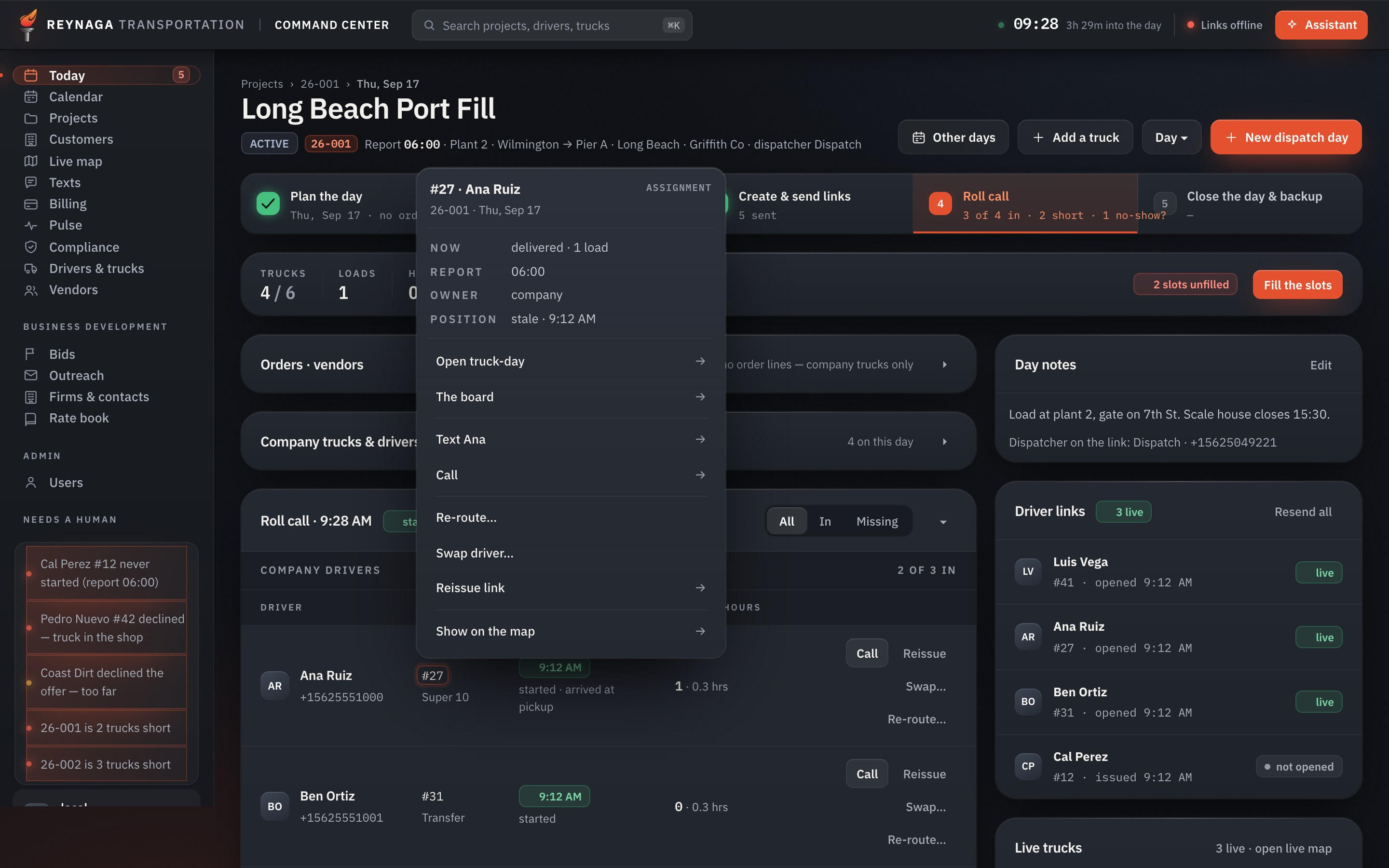 The dispatch board with a truck's action menu open: open, text, call, re-route, swap driver, reissue link