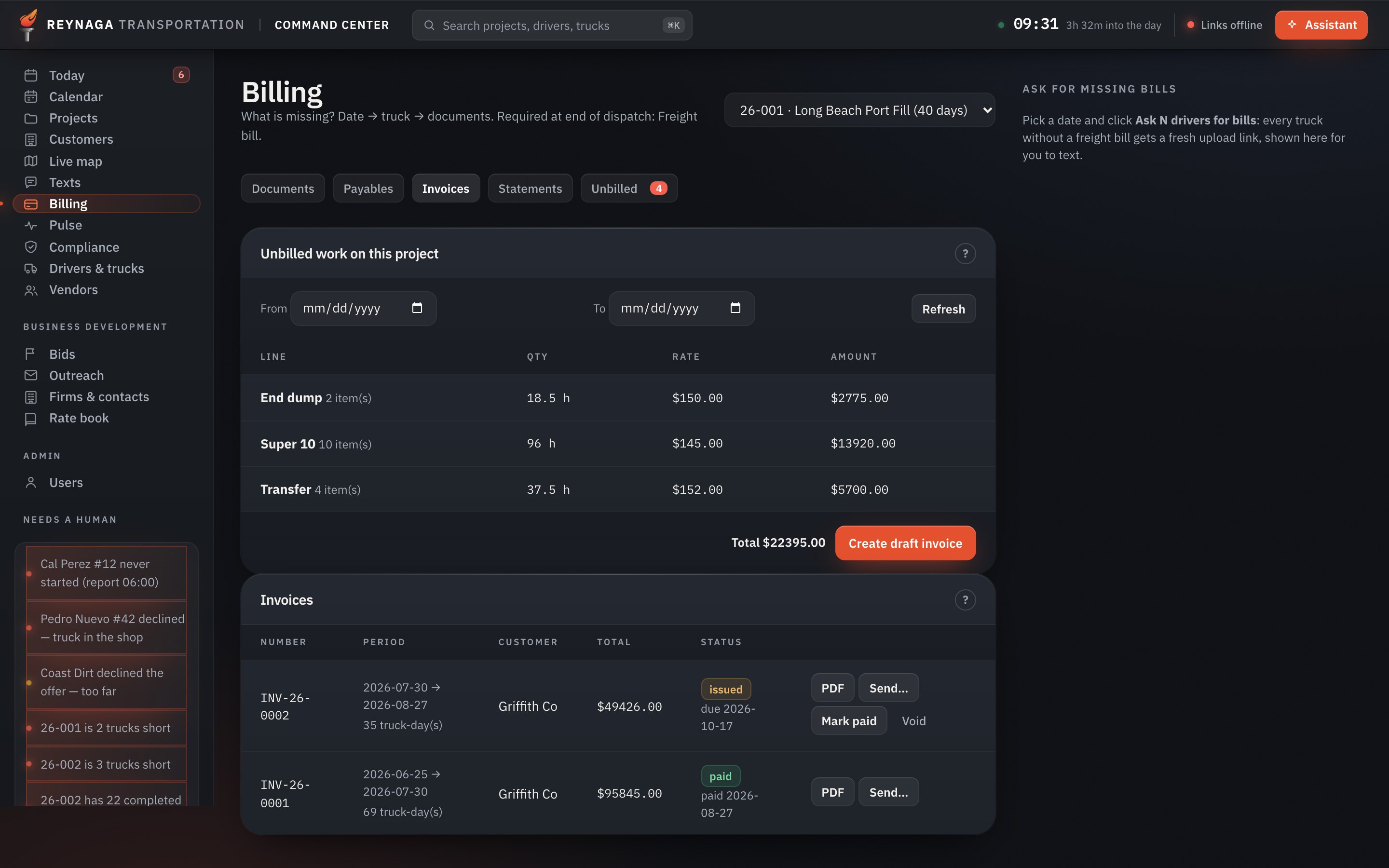 Billing: unbilled work on a project by rate line, and the invoices issued and paid