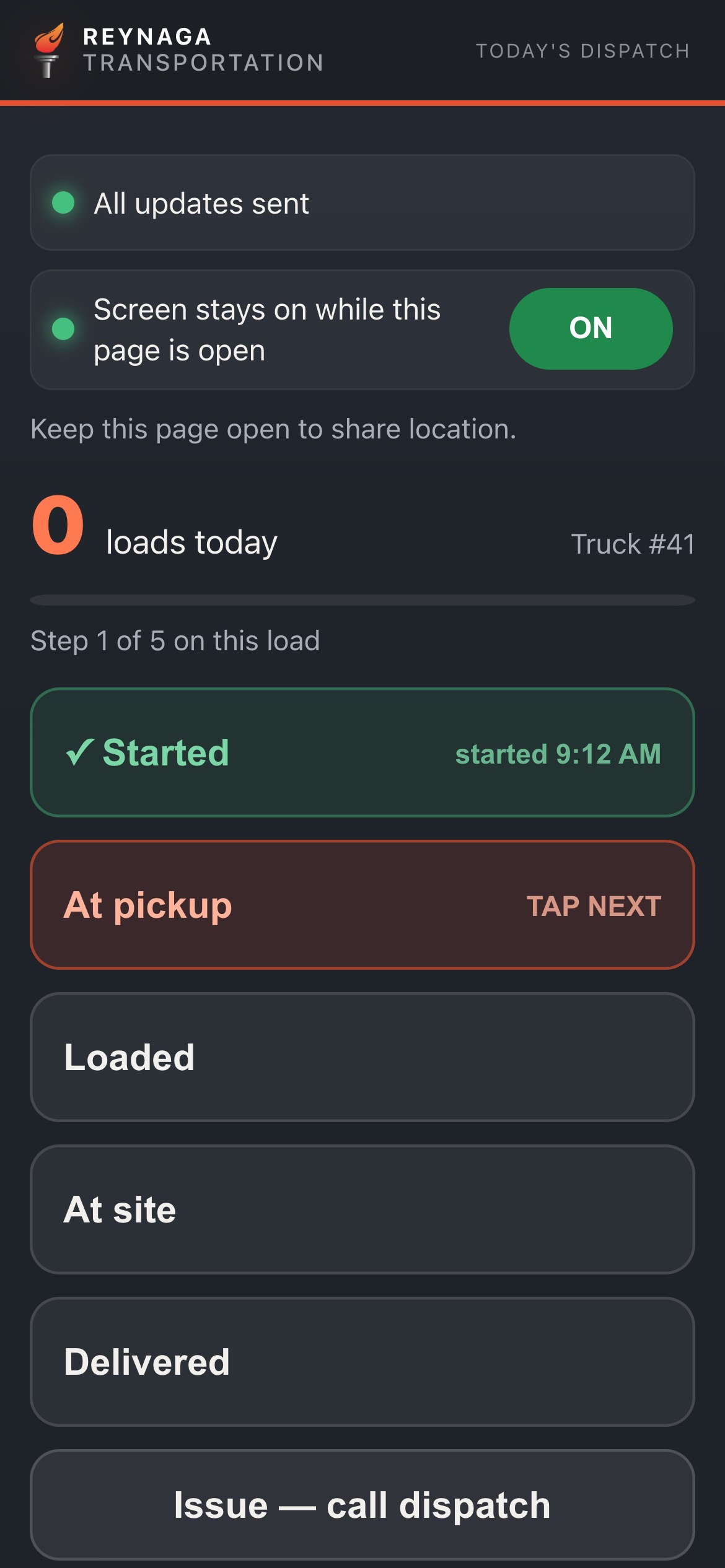 The driver's phone page: the day's arc, one big button per step, loads today